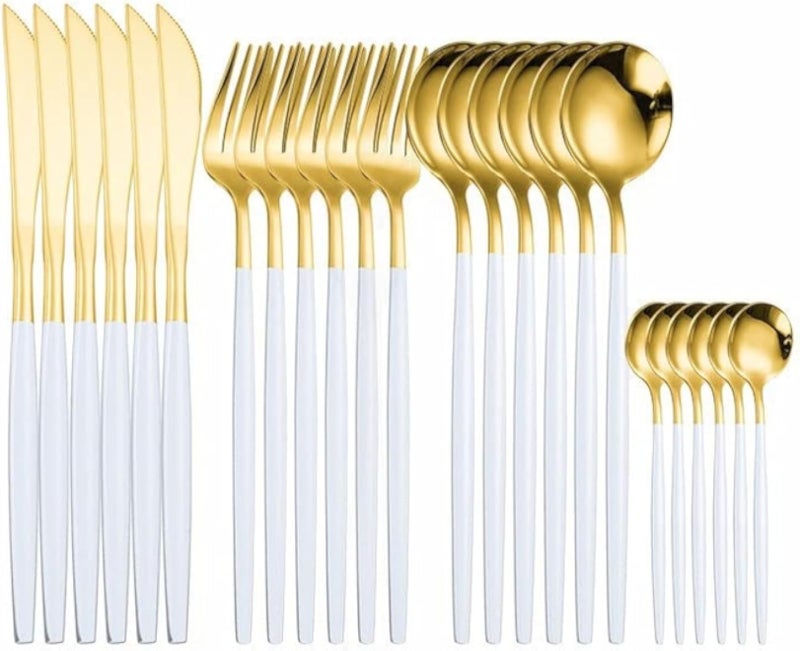 IMLUCKY Stainless Steel Flatware Set: 24 Piece Cutlery Utensils Dinner Forks Spoons Steak Knife Service 6 (White Gold)